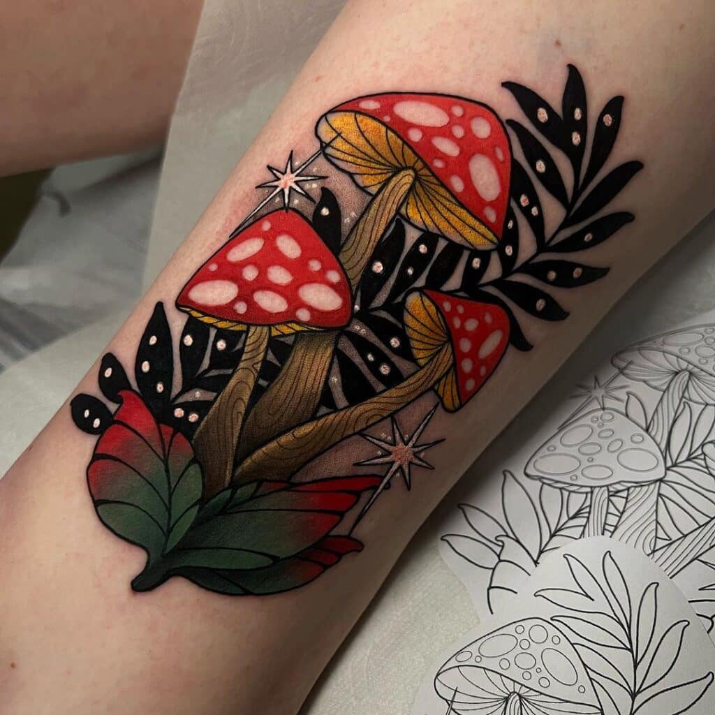 Kleurrijke paddenstoel tattoo